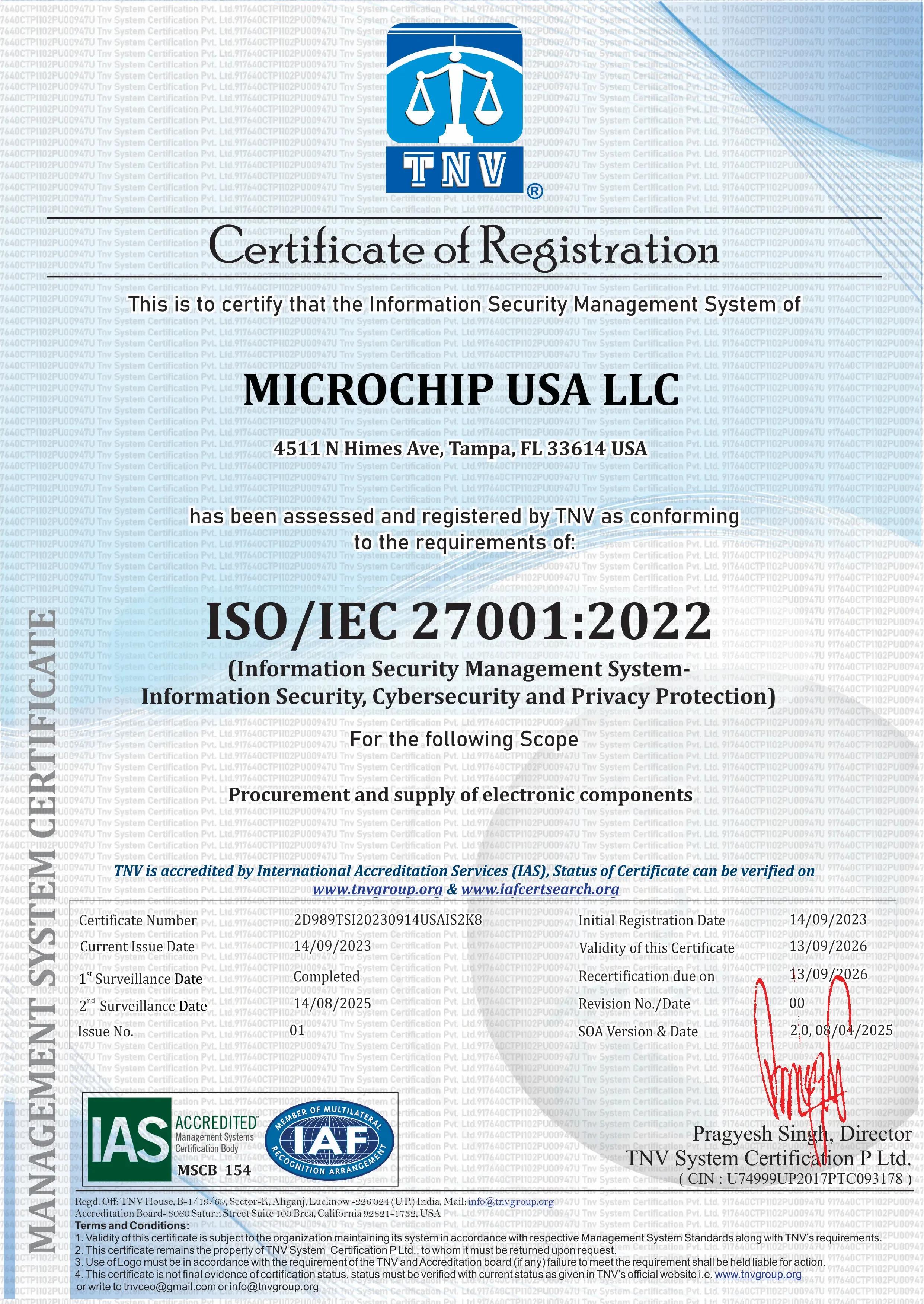 MicrochipUSA ISO/IEC 27001:2002 certification image